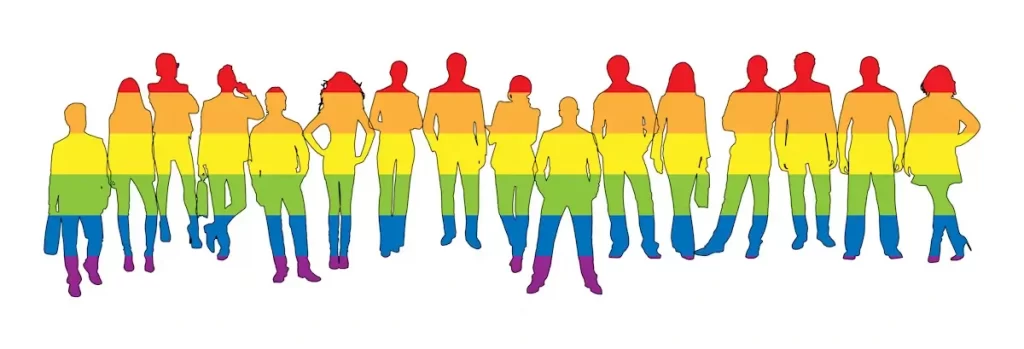 silhouettes of men and women in lgbt colors