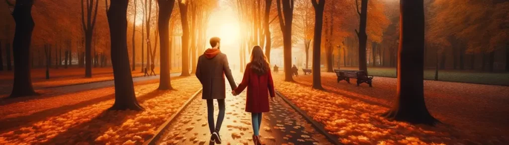 Photo of a couple walking hand in hand through a park with vibrant fall foliage, golden leaves covering the ground, and the sun setting in the background