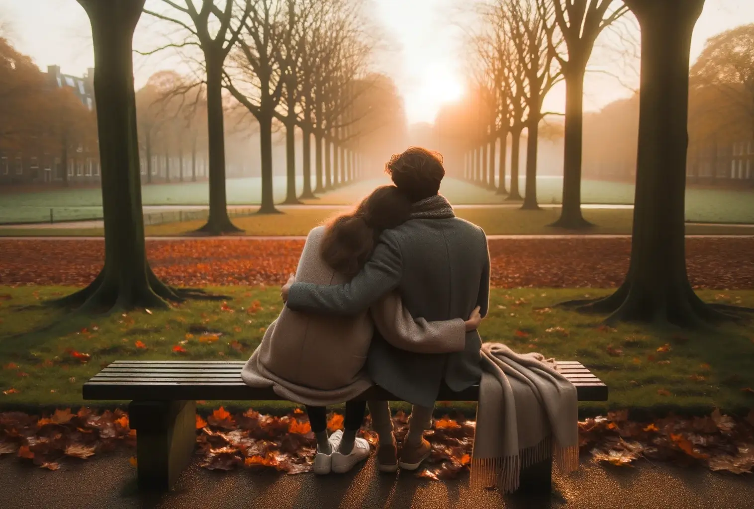Photo of a fall date couple sitting together on a bench in a park with autumn trees in the background. They share a scarf and watch the sunset