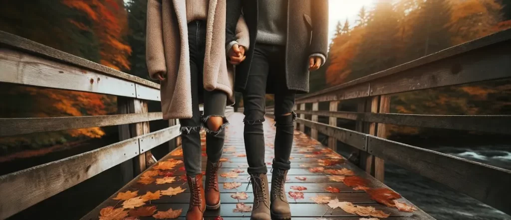 Photo of two individuals holding hands, wearing boots, and walking over a bridge covered in fall leaves
