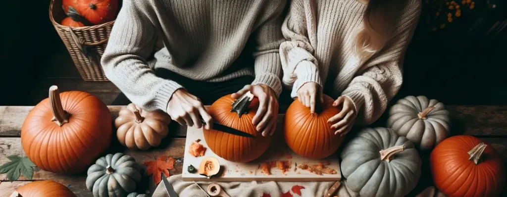 Photo of two people on a fall date, carving pumpkins together on a wooden table with autumn leaves scattered around
