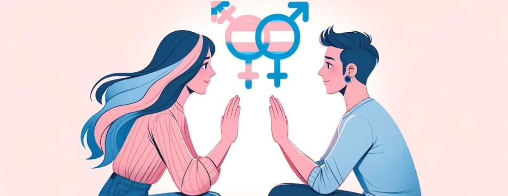 Illustration of Two people having a respectful and understanding conversation, symbolizing the challenges and triumphs in transgender dating