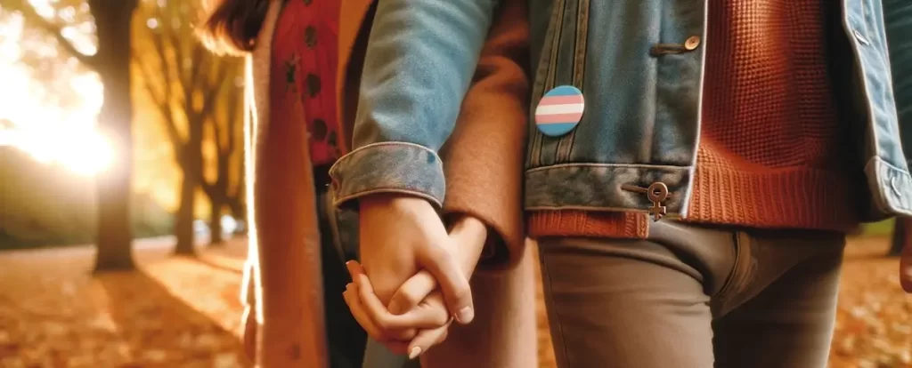 couple holding hands in a autumn forest with a transgender badge