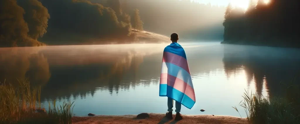 Trans person standing near a lake with a transgender flag