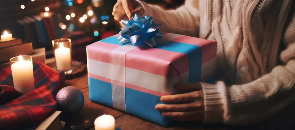 Single as a trans person during the Holiday Season - A heartwarming scene of a person unwrapping a gift wrapped in paper