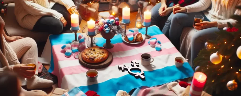 Single as a trans person during the Holiday Season - An image of a cozy holiday gathering with friends