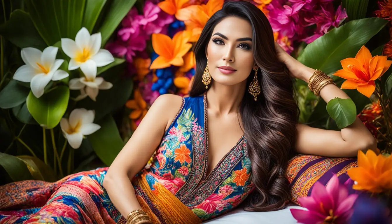 Woman posing in colorful floral traditional attire.