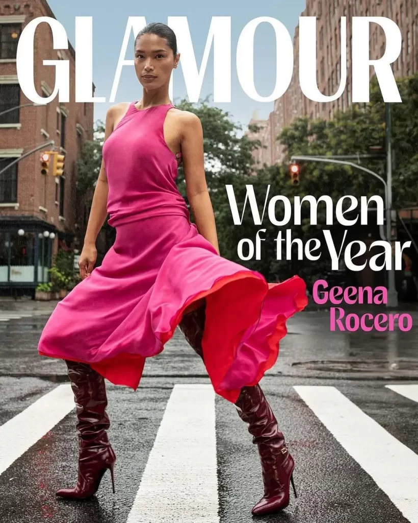 Geena Rocero in pink dress for Glamour Magazine cover.