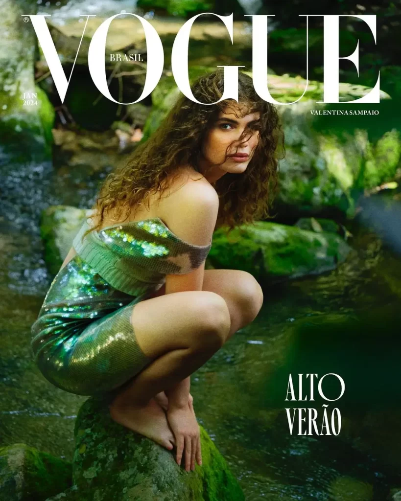 Valentina Sampaio posing for Vogue Brazil in nature.