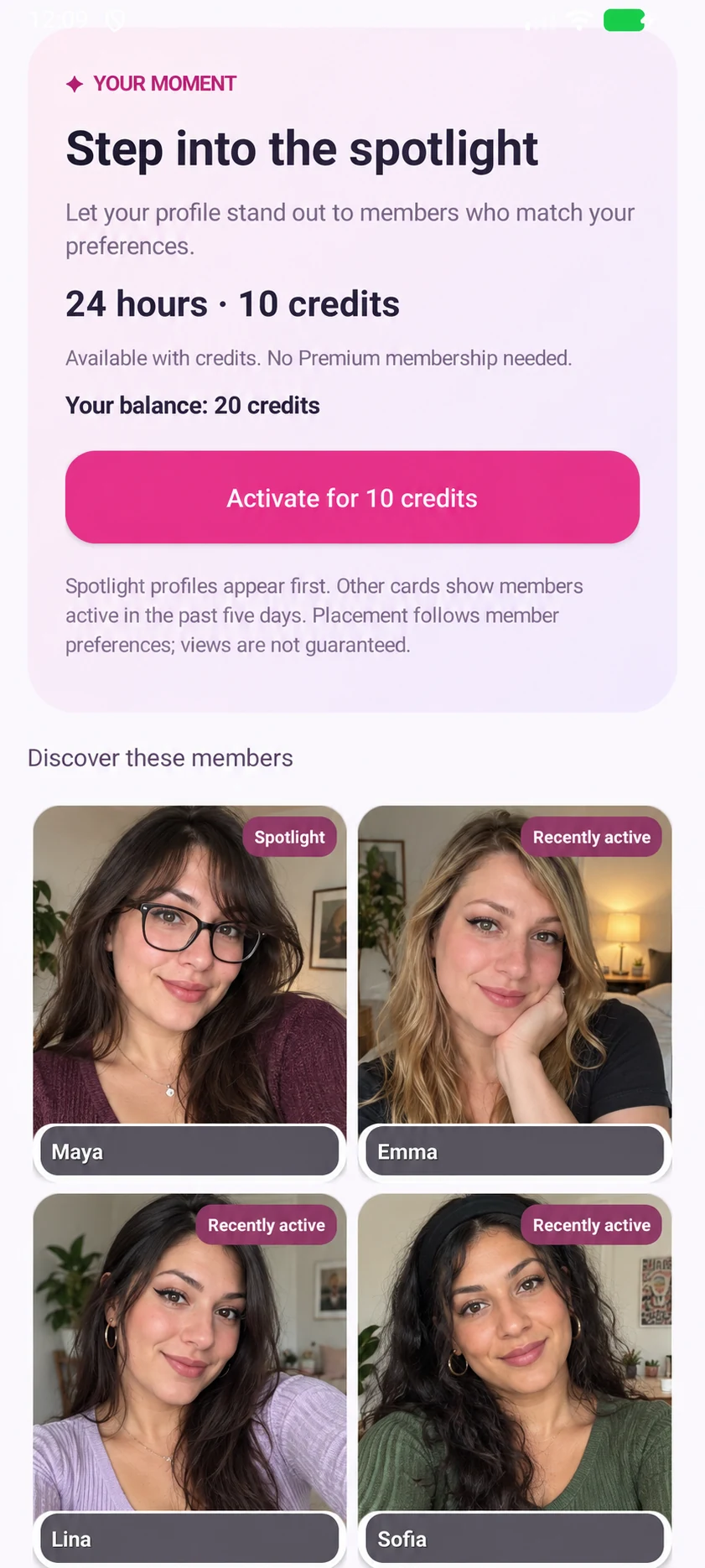 Illustrative MyTransgenderCupid Android Spotlight screen with credit activation and fictional member portraits