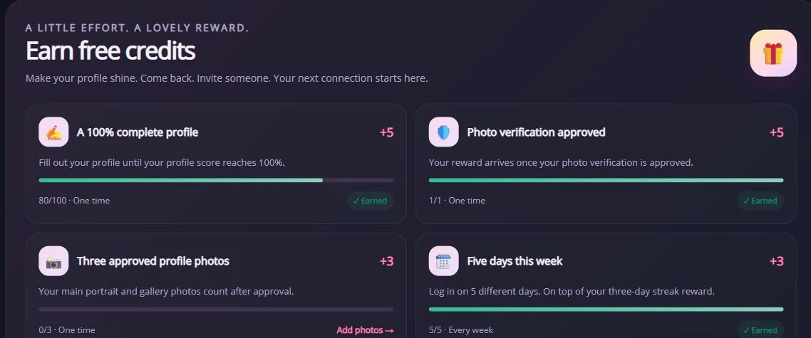 MyTransgenderCupid free credits dashboard showing profile completion, photo verification, approved photos and weekly activity rewards