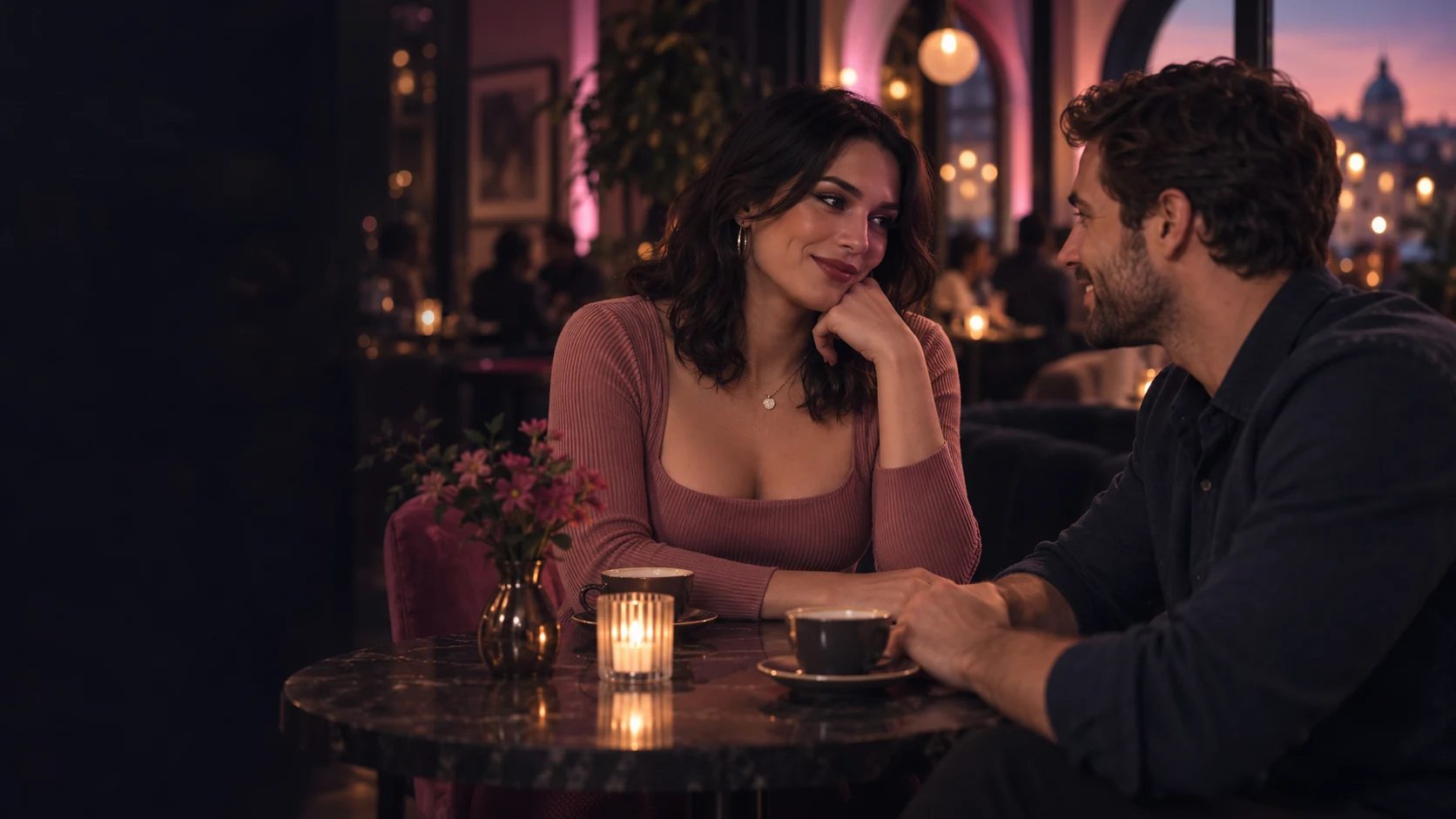 Illustrative adult couple enjoying a relaxed conversation on a date