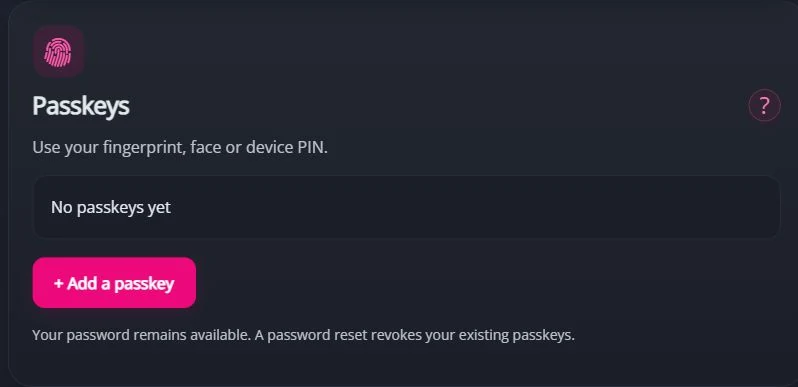 MyTransgenderCupid account settings with Add a passkey and fingerprint, face or device PIN explanation
