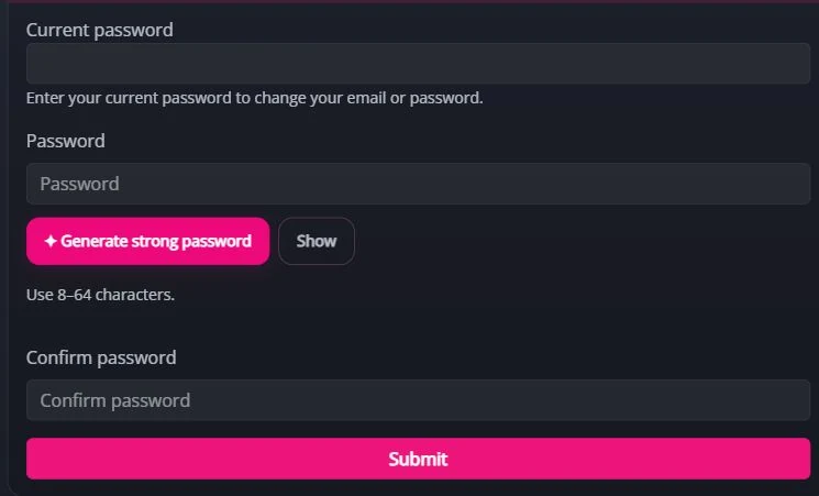 MyTransgenderCupid password settings with Generate strong password, Show and the 8–64 character requirement