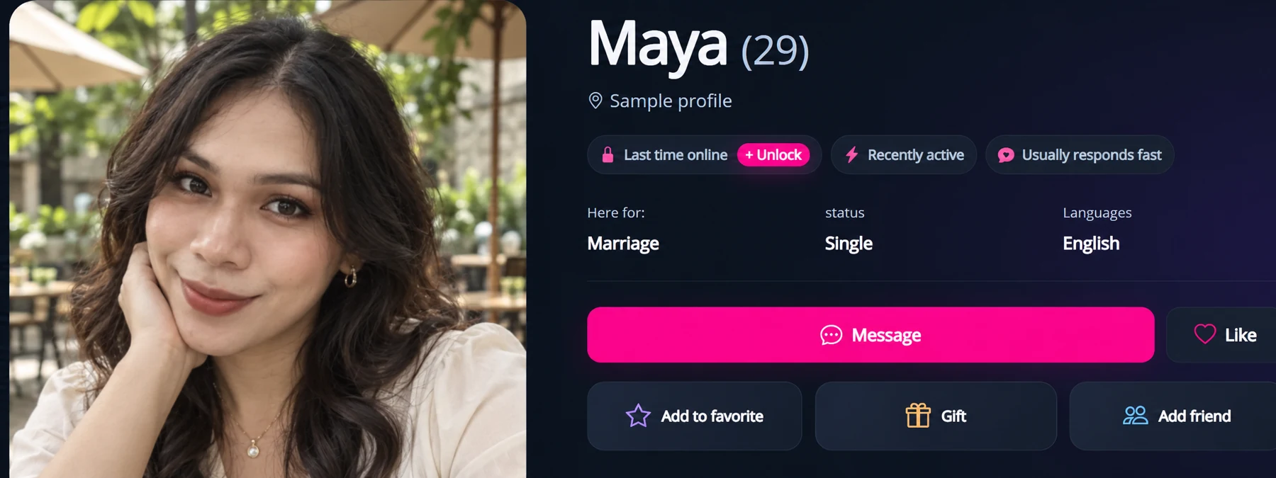 Illustrative MyTransgenderCupid member profile with fictional Maya and message, favourite, gift and friend actions