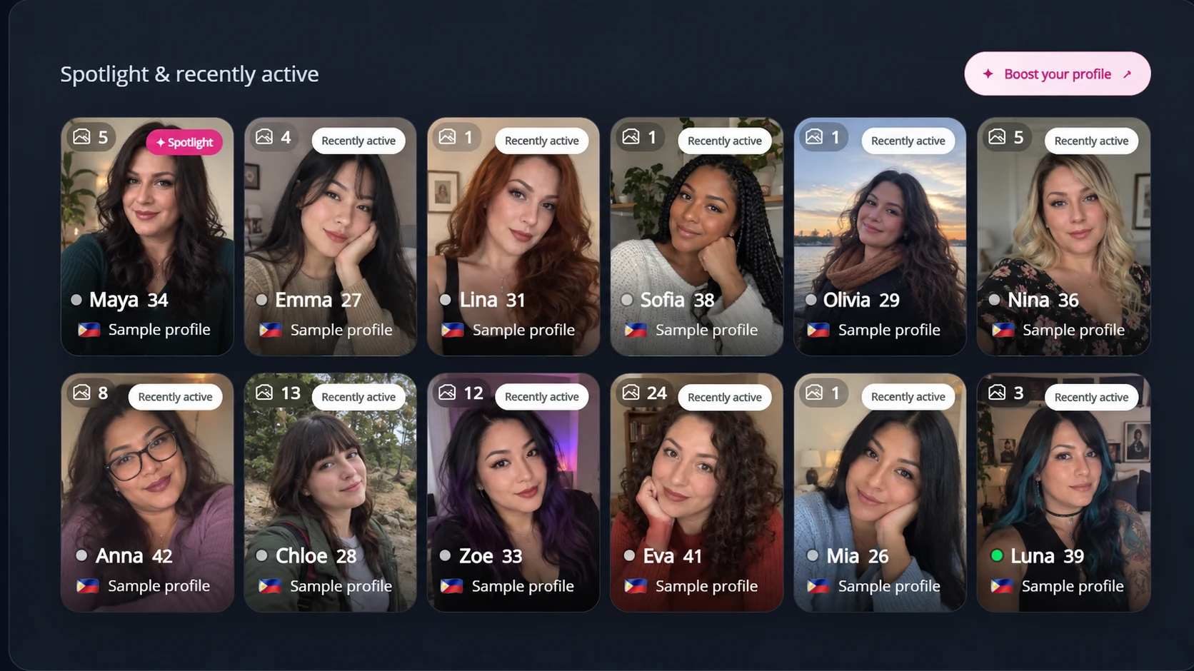 Illustrative desktop Spotlight with twelve fictional adult member profiles and distinct Spotlight and Recently active badges