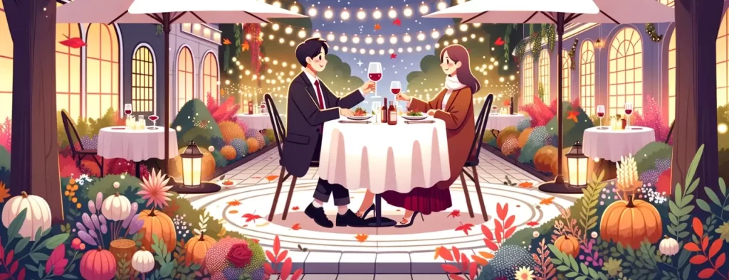 Ilustración de una pareja celebrando una cena romántica en un restaurante al aire libre, con cuerdas de luces y el entorno adornado con hermosas hojas y adornos otoñales.