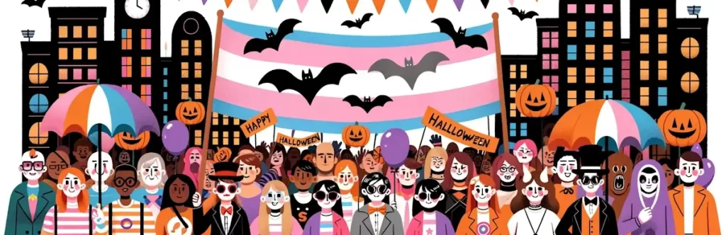 Idea para la fecha de Halloween: Ilustración de un grupo diverso de personas, incluidas personas trans, participando en un desfile de Halloween.