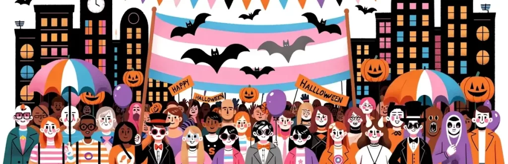 Idée de date pour Halloween : Illustration d'un groupe de personnes diverses, dont des trans, participant à une parade d'Halloween.