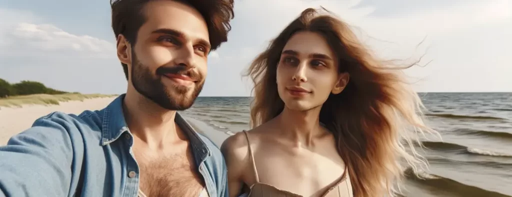 Foto van een man en een transgender vrouw die samen genieten van een wandeling op een winderig strand