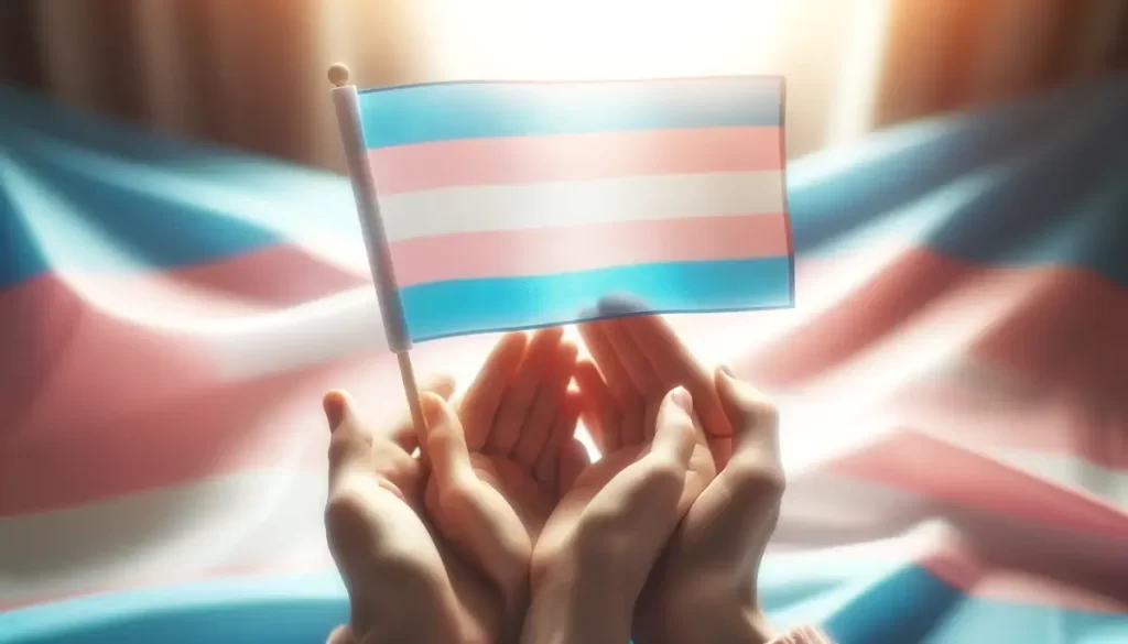pareja sale del armario como trans - imagen de dos manos y al fondo una bandera transgénero
