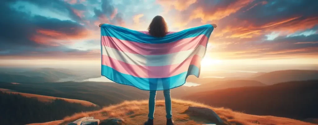 socio sale del armario como trans - persona trans de pie en una colina con una bandera transgénero