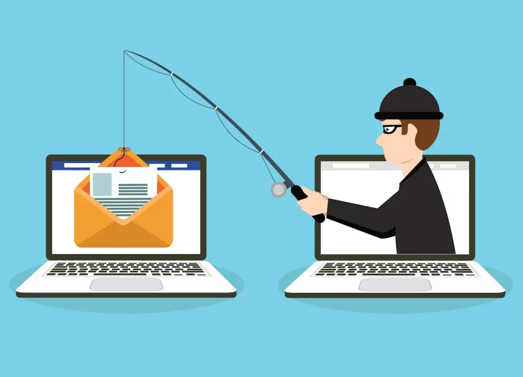 Wat is Catfishing: Illustratie van phishing-zwendel met laptops en hengel.