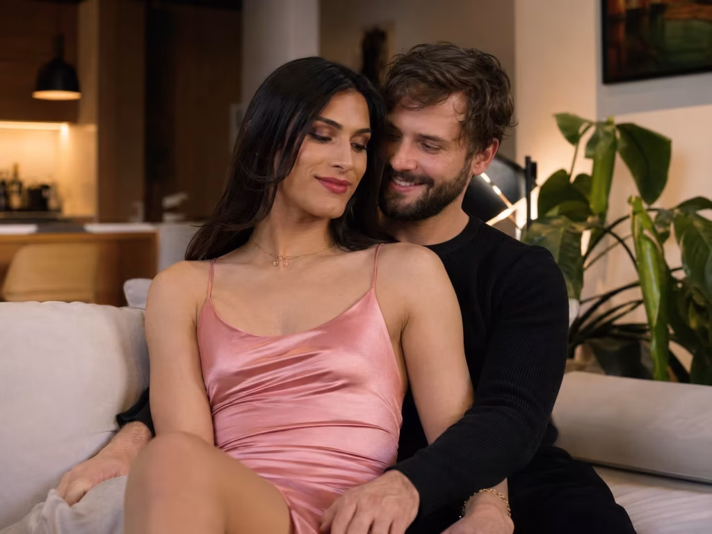Trans woman relaxing at home with a loving male partner