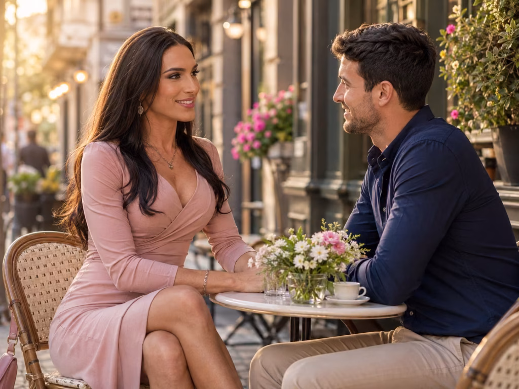 Trans woman and man enjoying a romantic café date