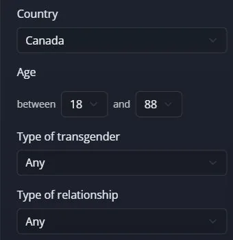 Zoekinstellingen op de MyTransgenderCupid-website met Canada geselecteerd in Country