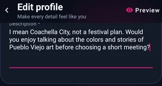Ejemplo de borrador de perfil — no es un testimonio — Coachella — MyTransgenderCupid