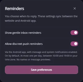 Inbox → Reminders: vollständiges Fenster — MyTransgenderCupid