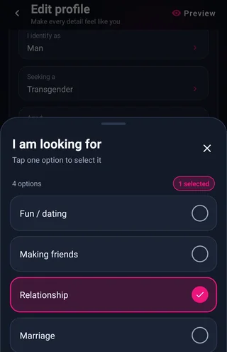 I am looking for: เป้าหมายความสัมพันธ์ — MyTransgenderCupid
