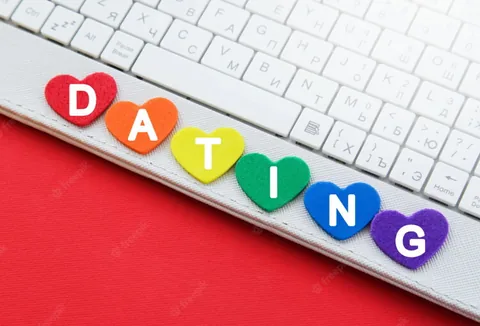 Bunte Buchstaben, die „Dating“ bilden, neben einer Tastatur