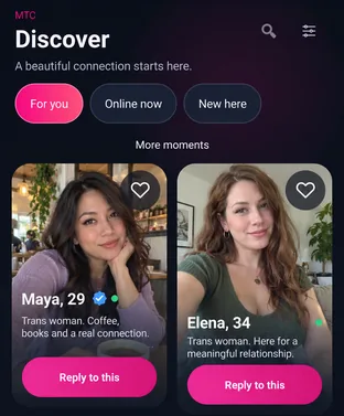 Android · ontdek Discover Engelse Discover-weergave van MTC Android met For you, Online now en New here en voorbeeldprofielen