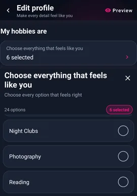 Edit profile → My story: hobbies, incluindo Reading — MyTransgenderCupid