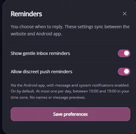 Inbox → Reminders : fenêtre complète des préférences Inbox → Reminders : fenêtre complète des préférences — MyTransgenderCupid