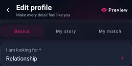 My Page → Edit profile → Basics: intenção de relacionamento — MyTransgenderCupid