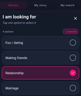 Edit profile → Basics: ตัวเลือกความสัมพันธ์ — MyTransgenderCupid