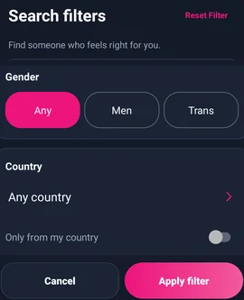 Android-Suchfilter und Apply filter — MyTransgenderCupid