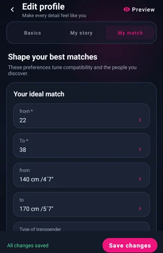 Match-Einstellungen auf Android — MyTransgenderCupid