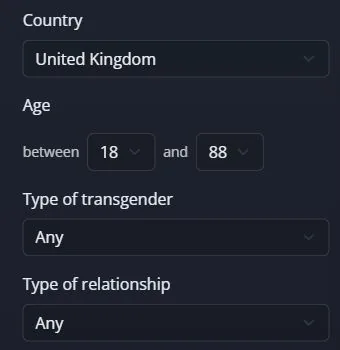 Land- en relatievoorkeuren Landfilter op de MyTransgenderCupid-website met United Kingdom geselecteerd