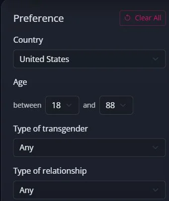 หน้าค้นหาบนเว็บไซต์ MyTransgenderCupid ที่เลือก United States ในเมนู Country