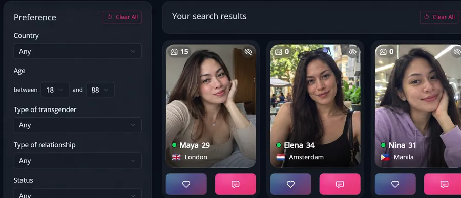 MyTransgenderCupid · Site · perfis fictícios de exemplo