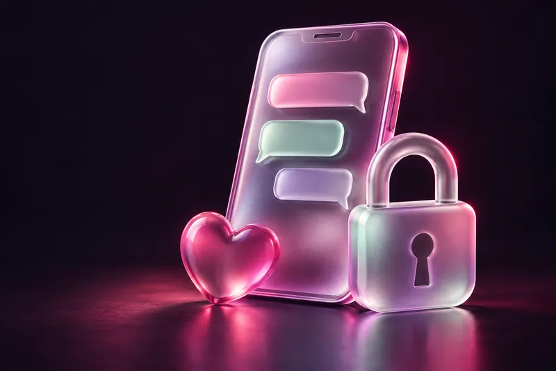 Teléfono de cristal con mensajes, corazón y candado que ilustra la privacidad del perfil de citas