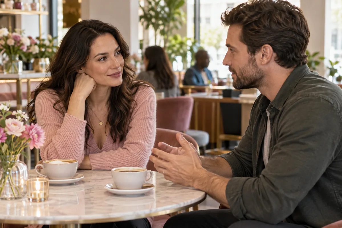 Two adults listening to each other across a cafe table